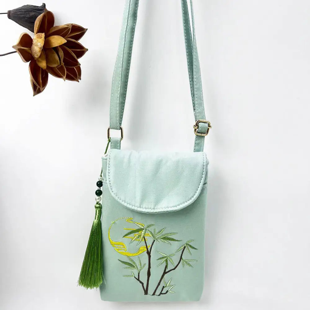Buddha Stones Small Embroidered Flowers Crossbody Bag Shoulder Bag Double Layer Cellphone Bag - Green Bamboo