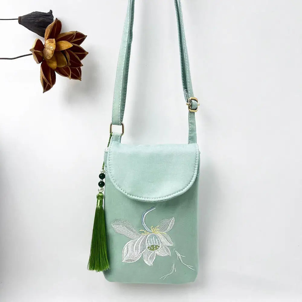 Buddha Stones Small Embroidered Flowers Crossbody Bag Shoulder Bag Double Layer Cellphone Bag - Green Koi Fish Lotus