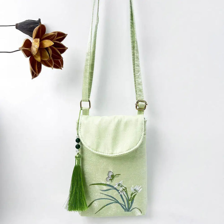 Buddha Stones Small Embroidered Flowers Crossbody Bag Shoulder Bag Double Layer Cellphone Bag - Green Orchid Butterfly