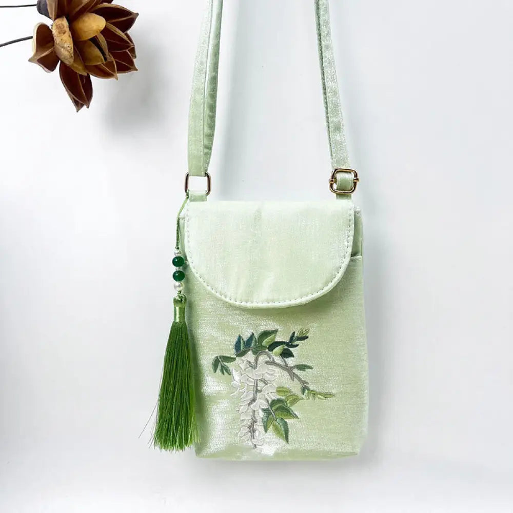 Buddha Stones Small Embroidered Flowers Crossbody Bag Shoulder Bag Double Layer Cellphone Bag - Green Wisteria