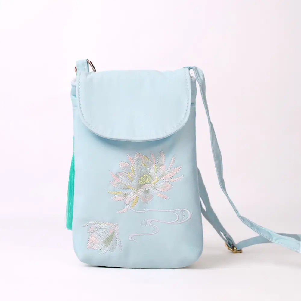 Buddha Stones Small Embroidered Flowers Crossbody Bag Shoulder Bag Double Layer Cellphone Bag - Light Green Lotus