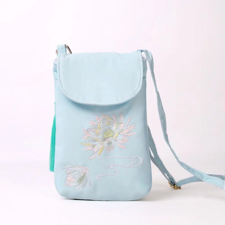 Buddha Stones Small Embroidered Flowers Crossbody Bag Shoulder Bag Double Layer Cellphone Bag - Light Green Lotus