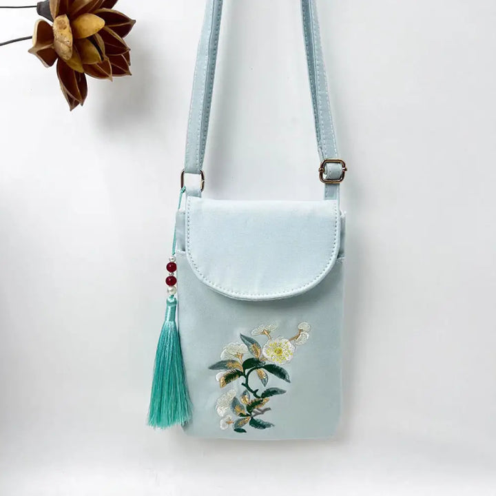 Buddha Stones Small Embroidered Flowers Crossbody Bag Shoulder Bag Double Layer Cellphone Bag - Light Green White Plum