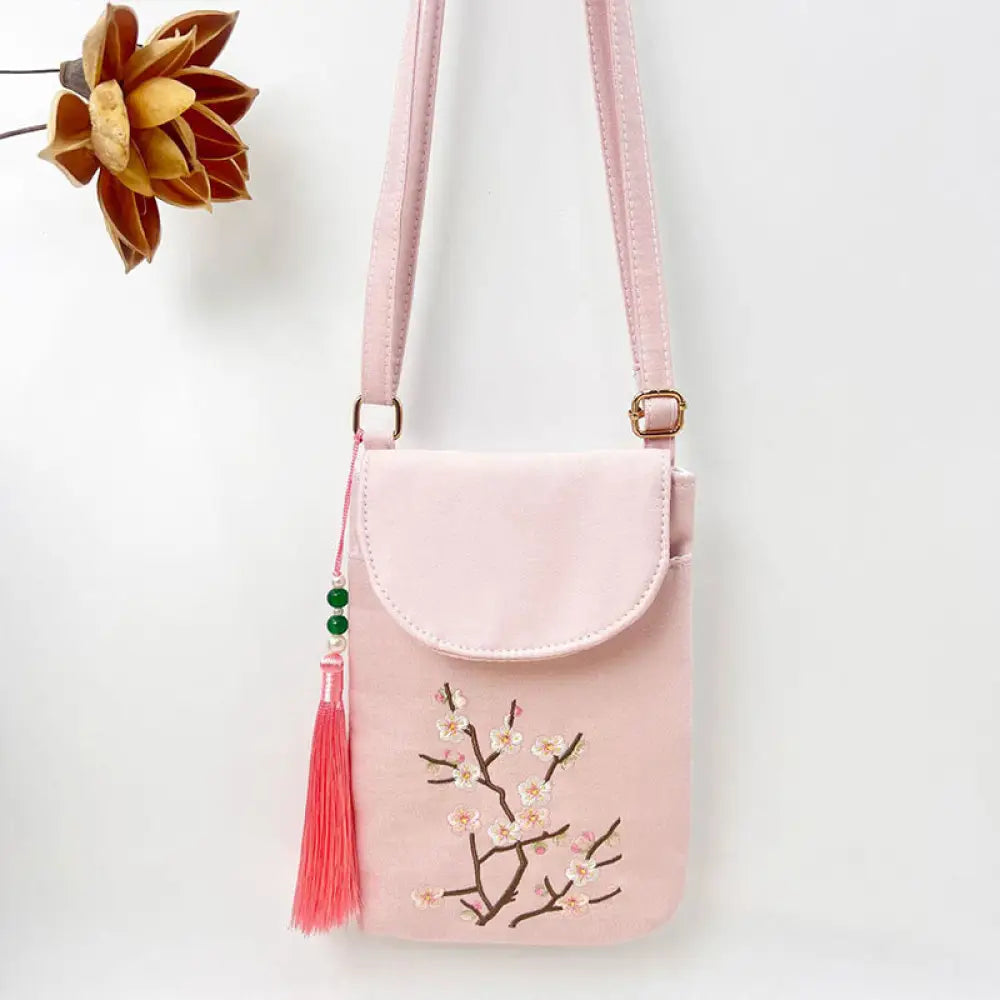 Buddha Stones Small Embroidered Flowers Crossbody Bag Shoulder Bag Double Layer Cellphone Bag - Pink Peach Blossom
