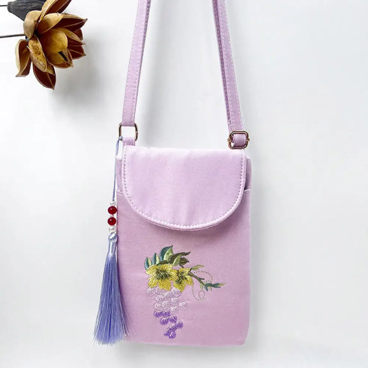 Buddha Stones Small Embroidered Flowers Crossbody Bag Shoulder Bag Double Layer Cellphone Bag - Purple Grape