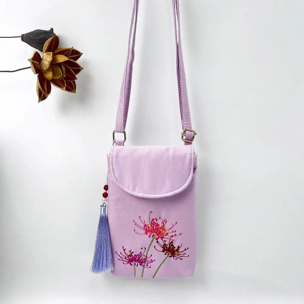 Buddha Stones Small Embroidered Flowers Crossbody Bag Shoulder Bag Double Layer Cellphone Bag - Purple Red Spider Lily