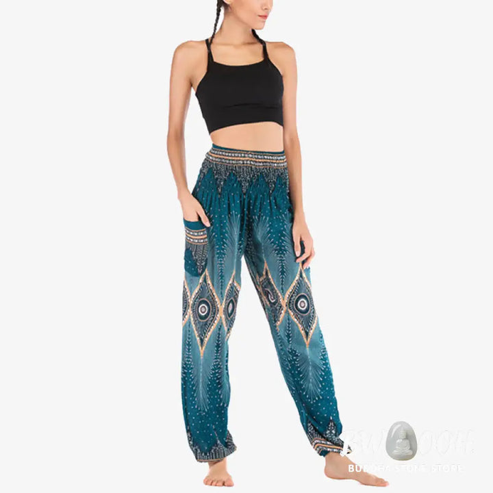 BWOOOH peacock print harem pants - Small Eye Peacock Feathers Pattern Loose