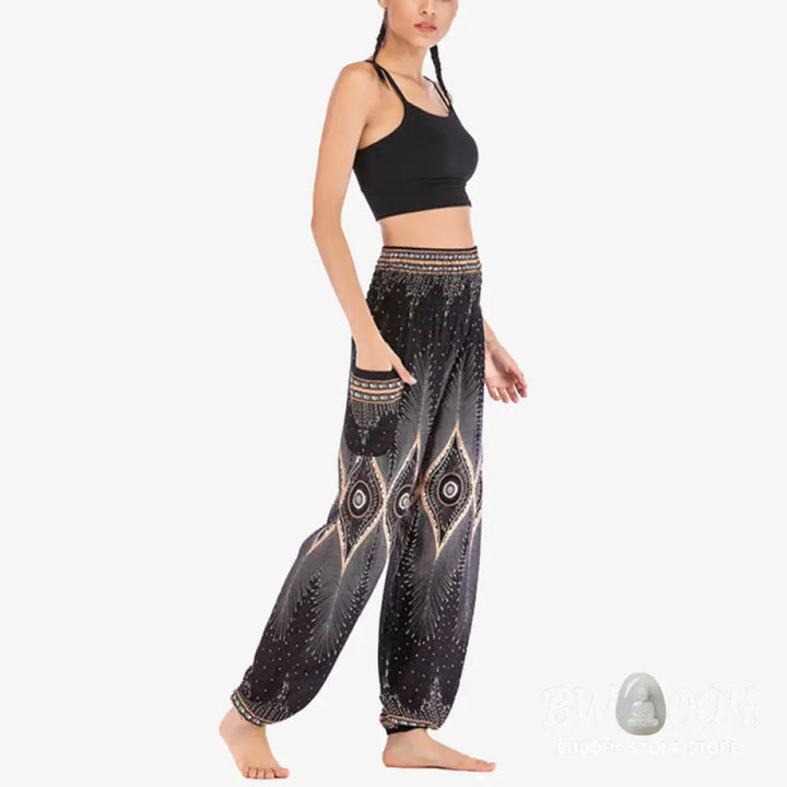 BWOOOH peacock print harem pants - Small Eye Peacock Feathers Pattern Loose