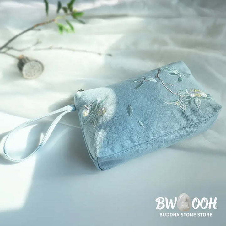 Buddha Stones Small Flower Plum Cherry Crane Peach Blossom Embroidery Canvas Wallet Shopping Purse - Purse