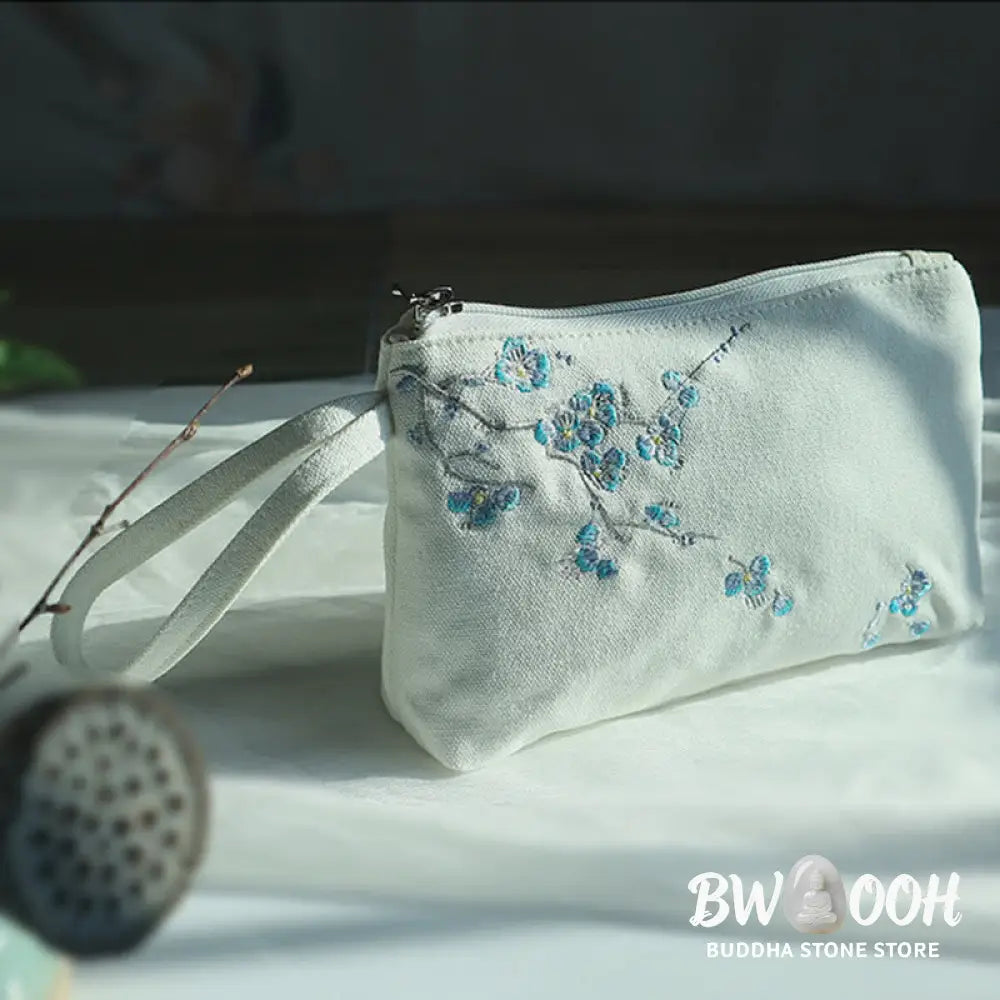 Buddha Stones Small Flower Plum Cherry Crane Peach Blossom Embroidery Canvas Wallet Shopping Purse - Purse