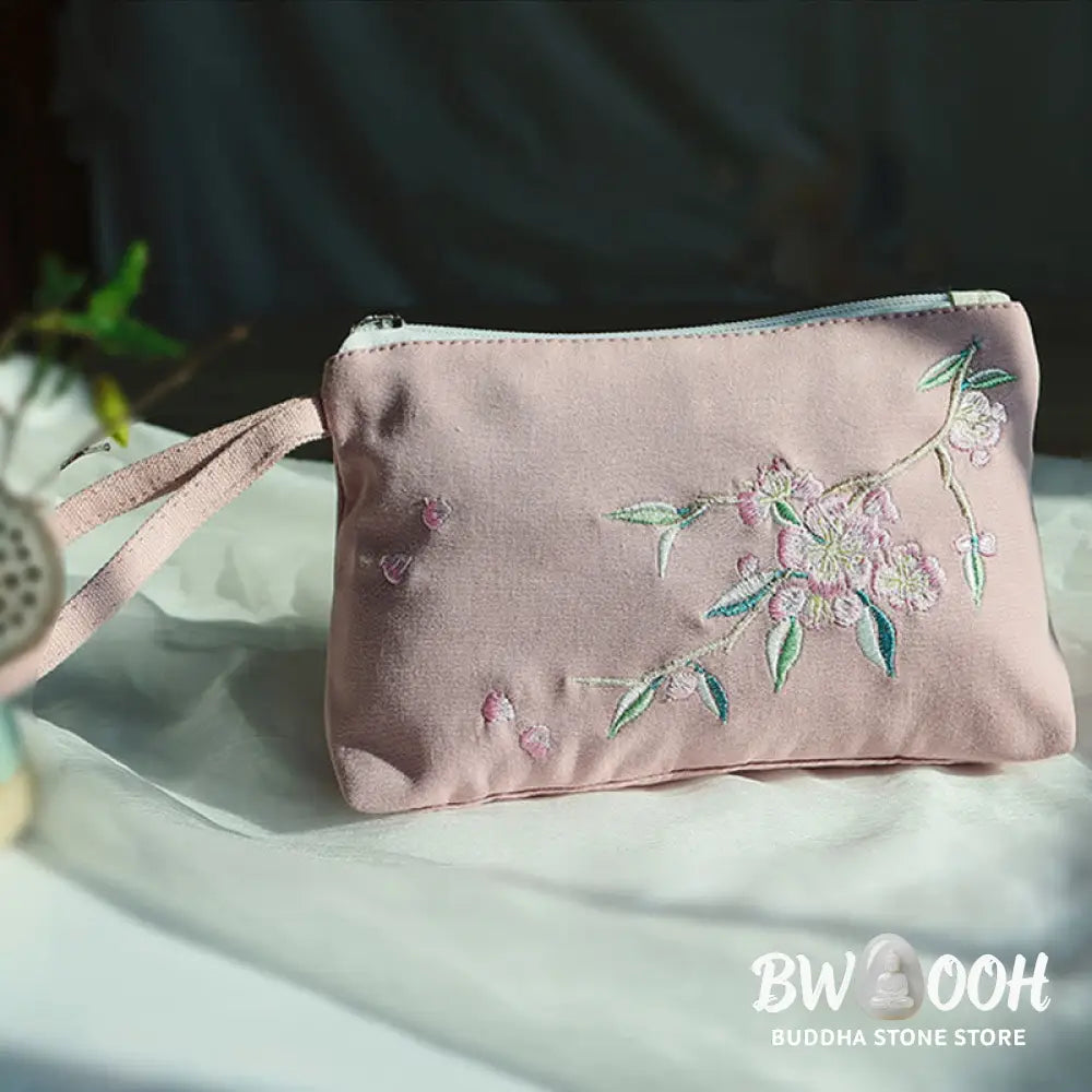 Buddha Stones Small Flower Plum Cherry Crane Peach Blossom Embroidery Canvas Wallet Shopping Purse - Purse