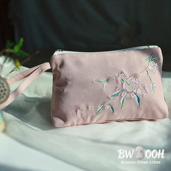 Buddha Stones Small Flower Plum Cherry Crane Peach Blossom Embroidery Canvas Wallet Shopping Purse - Purse