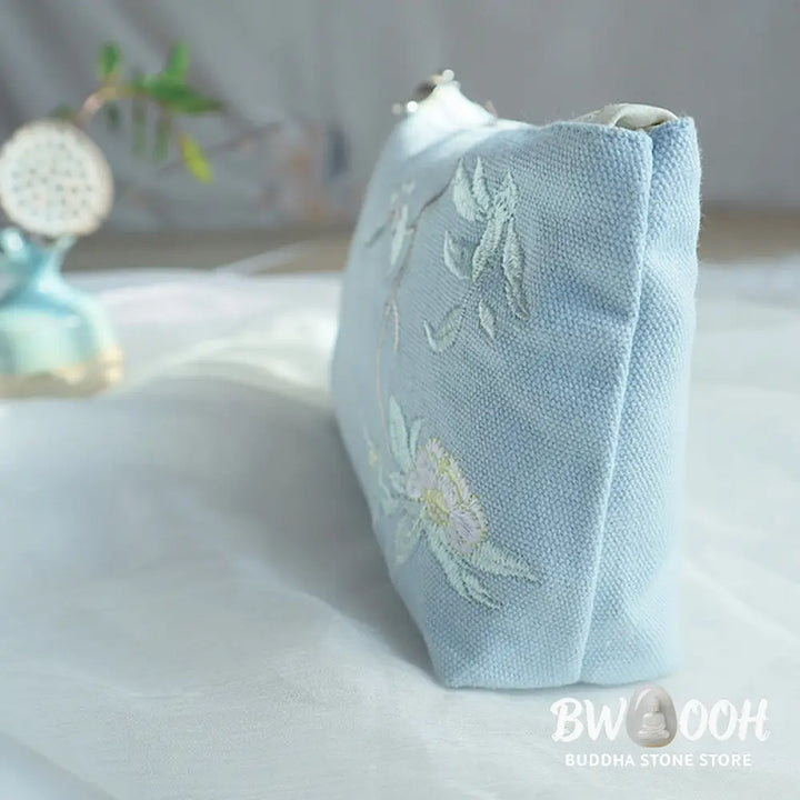 Buddha Stones Small Flower Plum Cherry Crane Peach Blossom Embroidery Canvas Wallet Shopping Purse - Purse