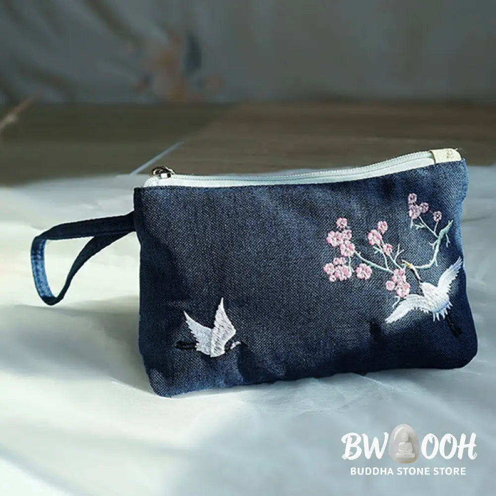 Buddha Stones Small Flower Plum Cherry Crane Peach Blossom Embroidery Canvas Wallet Shopping Purse - Purse