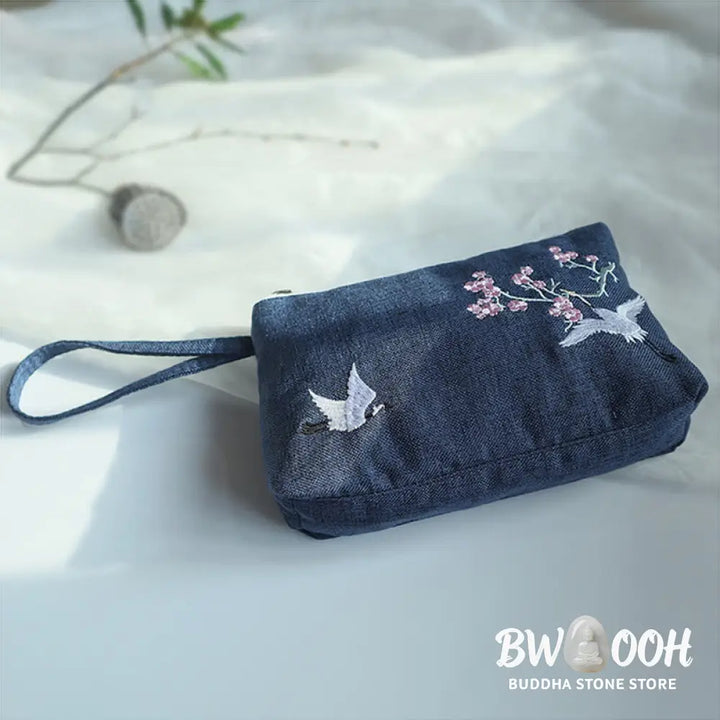 Buddha Stones Small Flower Plum Cherry Crane Peach Blossom Embroidery Canvas Wallet Shopping Purse - Purse