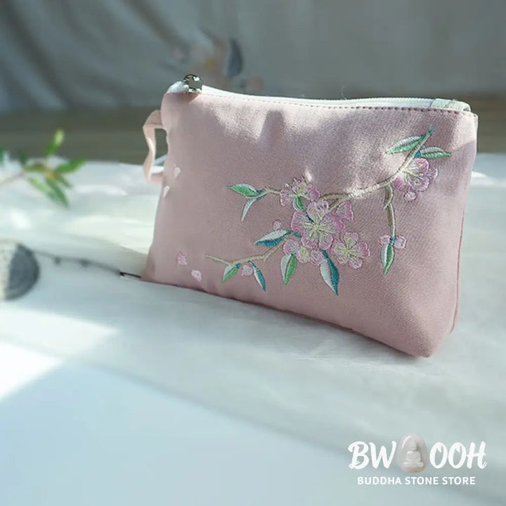 Buddha Stones Small Flower Plum Cherry Crane Peach Blossom Embroidery Canvas Wallet Shopping Purse - Purse