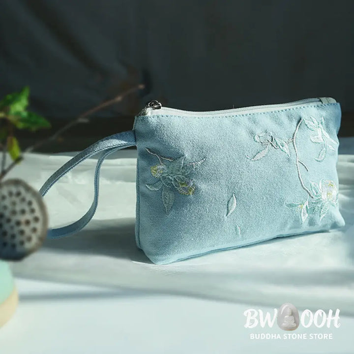 Buddha Stones Small Flower Plum Cherry Crane Peach Blossom Embroidery Canvas Wallet Shopping Purse - Purse
