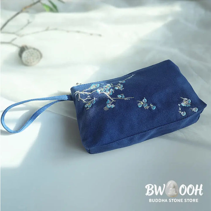 Buddha Stones Small Flower Plum Cherry Crane Peach Blossom Embroidery Canvas Wallet Shopping Purse - Purse