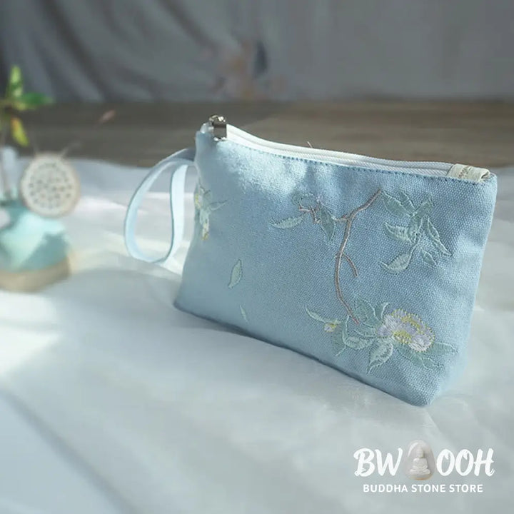 Buddha Stones Small Flower Plum Cherry Crane Peach Blossom Embroidery Canvas Wallet Shopping Purse - Purse