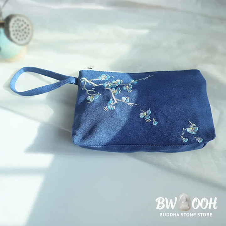 Buddha Stones Small Flower Plum Cherry Crane Peach Blossom Embroidery Canvas Wallet Shopping Purse - Purse
