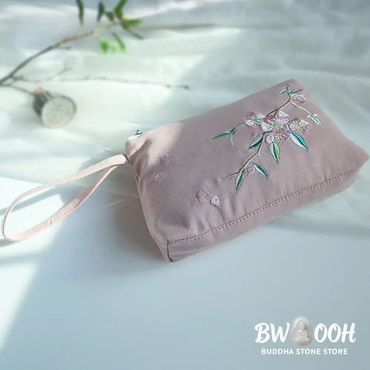 Buddha Stones Small Flower Plum Cherry Crane Peach Blossom Embroidery Canvas Wallet Shopping Purse - Purse