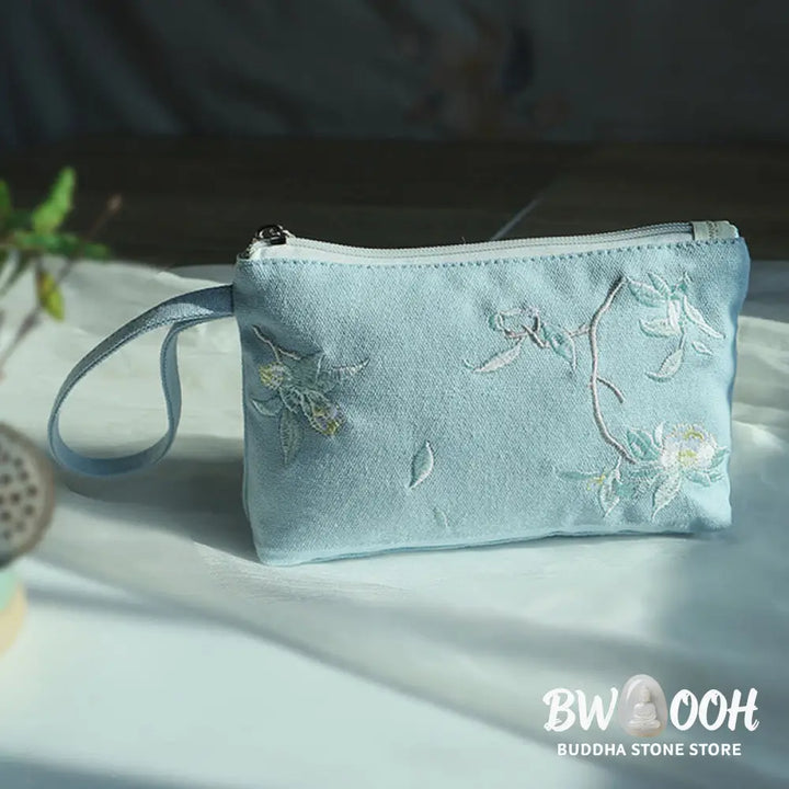 Buddha Stones Small Flower Plum Cherry Crane Peach Blossom Embroidery Canvas Wallet Shopping Purse - Purse