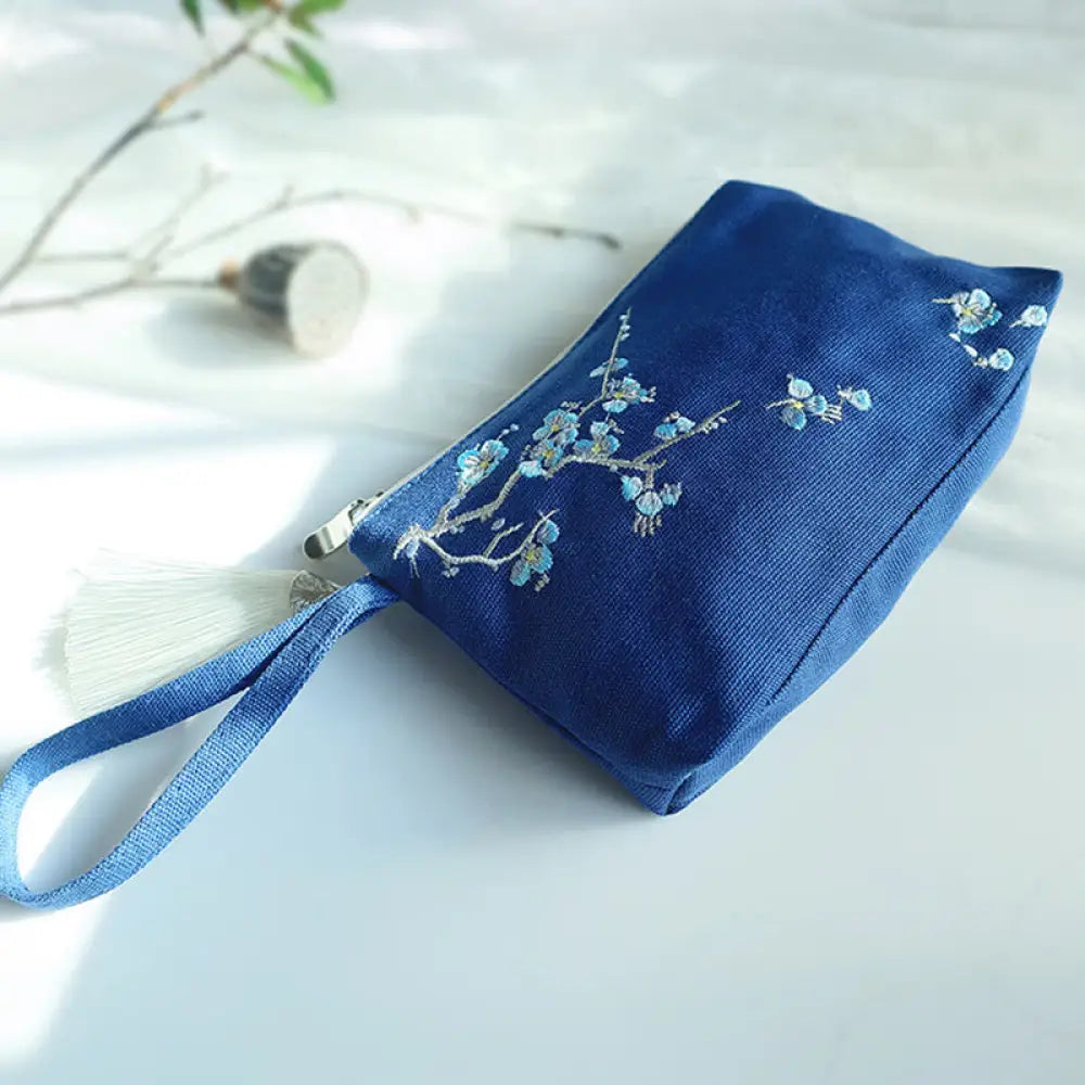 Buddha Stones Small Flower Plum Cherry Crane Peach Blossom Embroidery Canvas Wallet Shopping Purse - Blue Plum 21*13cm