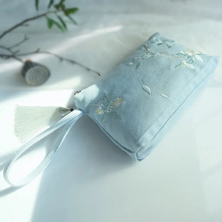 Buddha Stones Small Flower Plum Cherry Crane Peach Blossom Embroidery Canvas Wallet Shopping Purse - Light Blue White