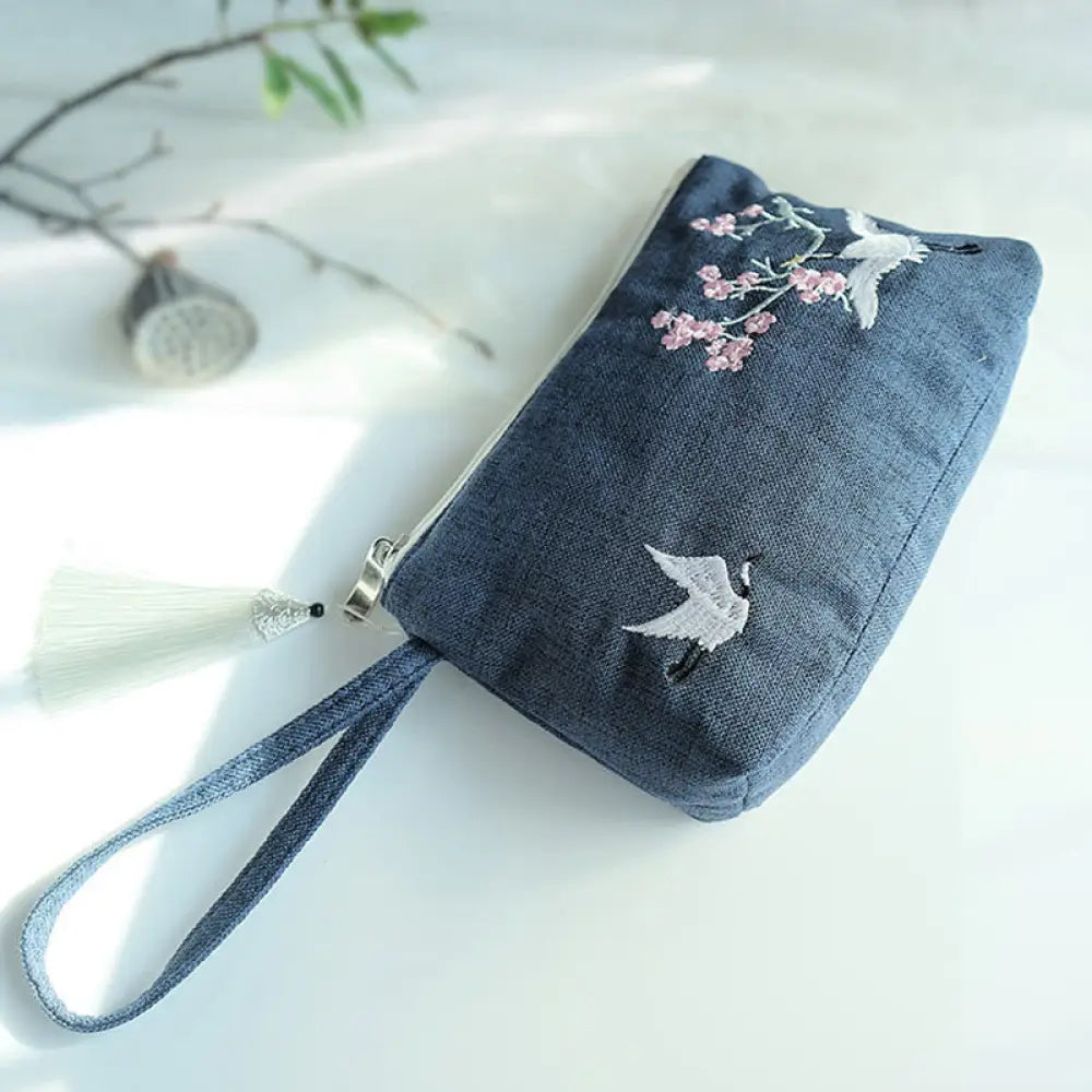 Buddha Stones Small Flower Plum Cherry Crane Peach Blossom Embroidery Canvas Wallet Shopping Purse - Navy Cherry Crane