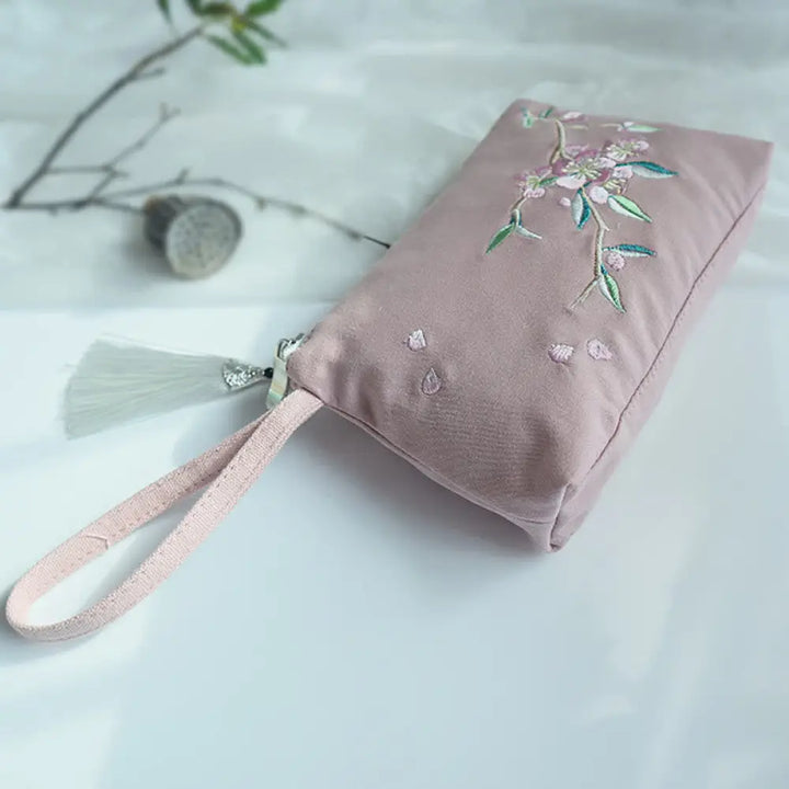 Buddha Stones Small Flower Plum Cherry Crane Peach Blossom Embroidery Canvas Wallet Shopping Purse - Pink Peach Blossom