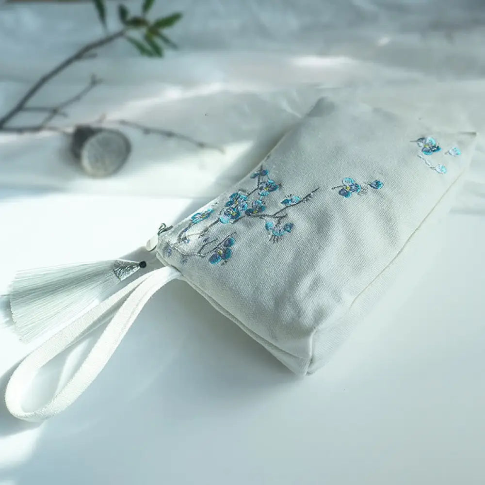 Buddha Stones Small Flower Plum Cherry Crane Peach Blossom Embroidery Canvas Wallet Shopping Purse - White Blue Plum