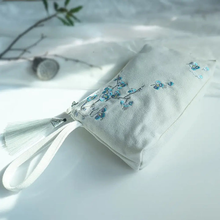 Buddha Stones Small Flower Plum Cherry Crane Peach Blossom Embroidery Canvas Wallet Shopping Purse - White Blue Plum