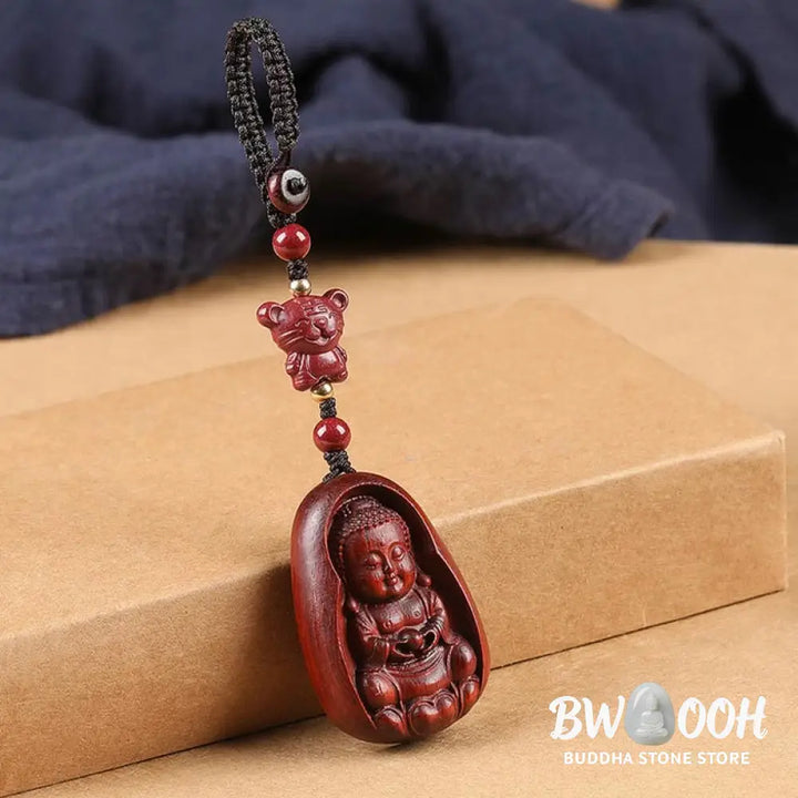Buddha Stones Small Leaf Red Sandalwood Buddha Cinnabar Chinese Zodiac Amulet Protection Key Chain - Key Chain