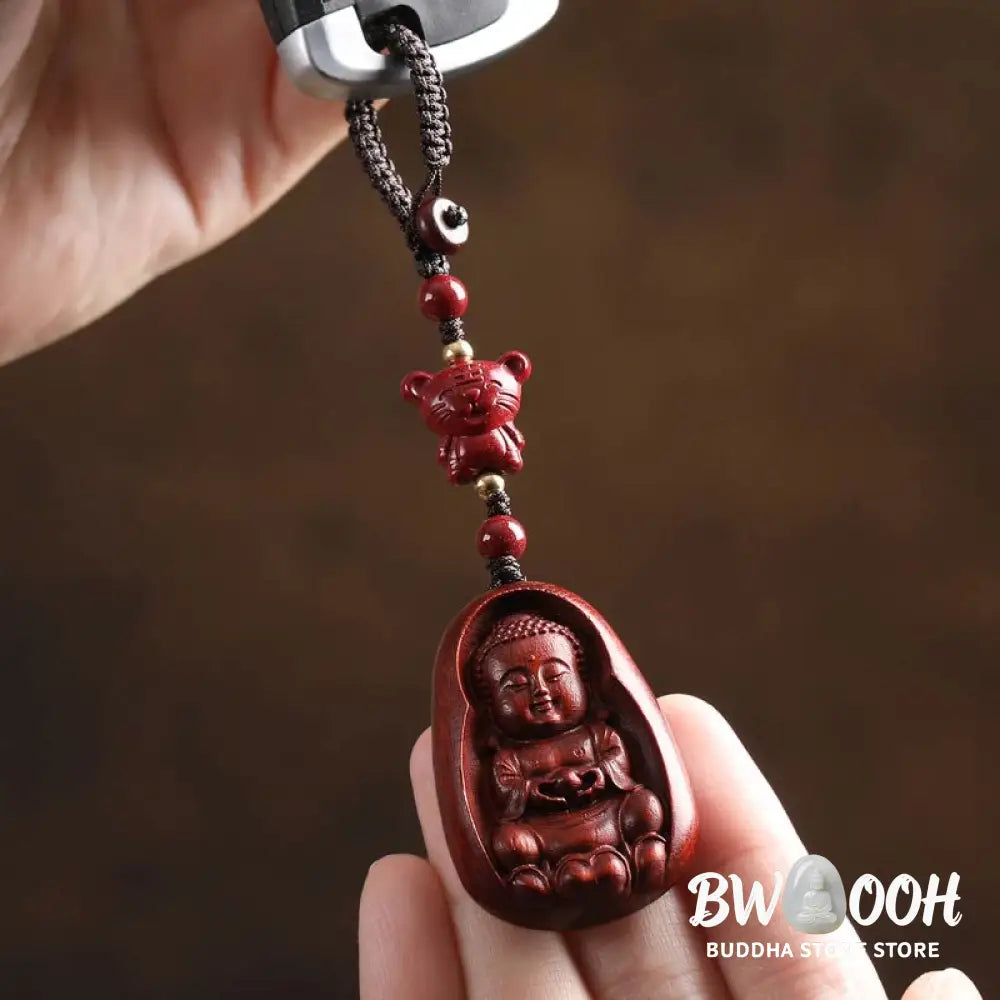 Buddha Stones Small Leaf Red Sandalwood Buddha Cinnabar Chinese Zodiac Amulet Protection Key Chain - Key Chain