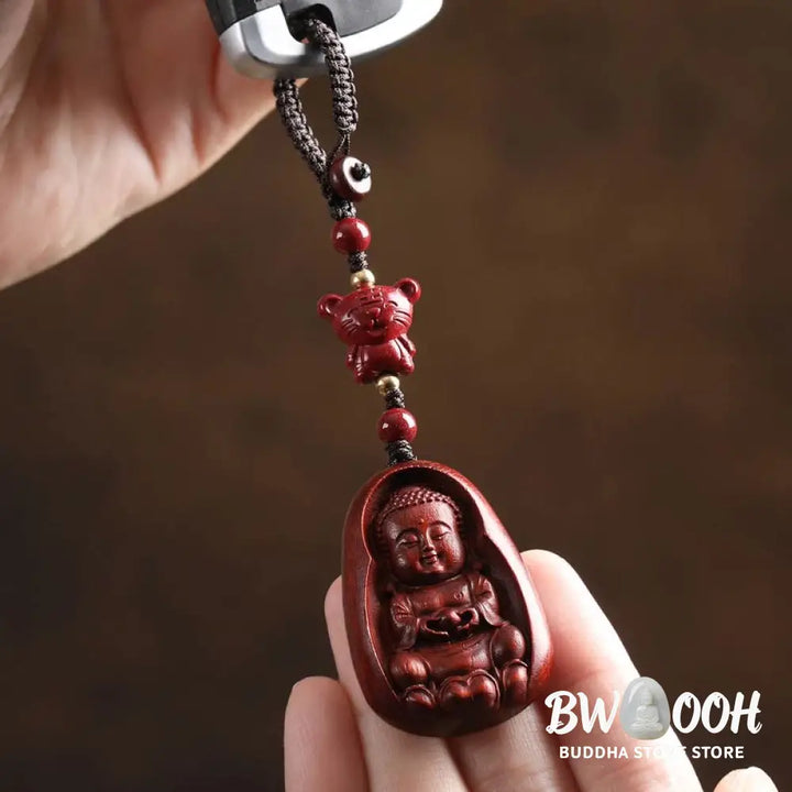 Buddha Stones Small Leaf Red Sandalwood Buddha Cinnabar Chinese Zodiac Amulet Protection Key Chain - Key Chain