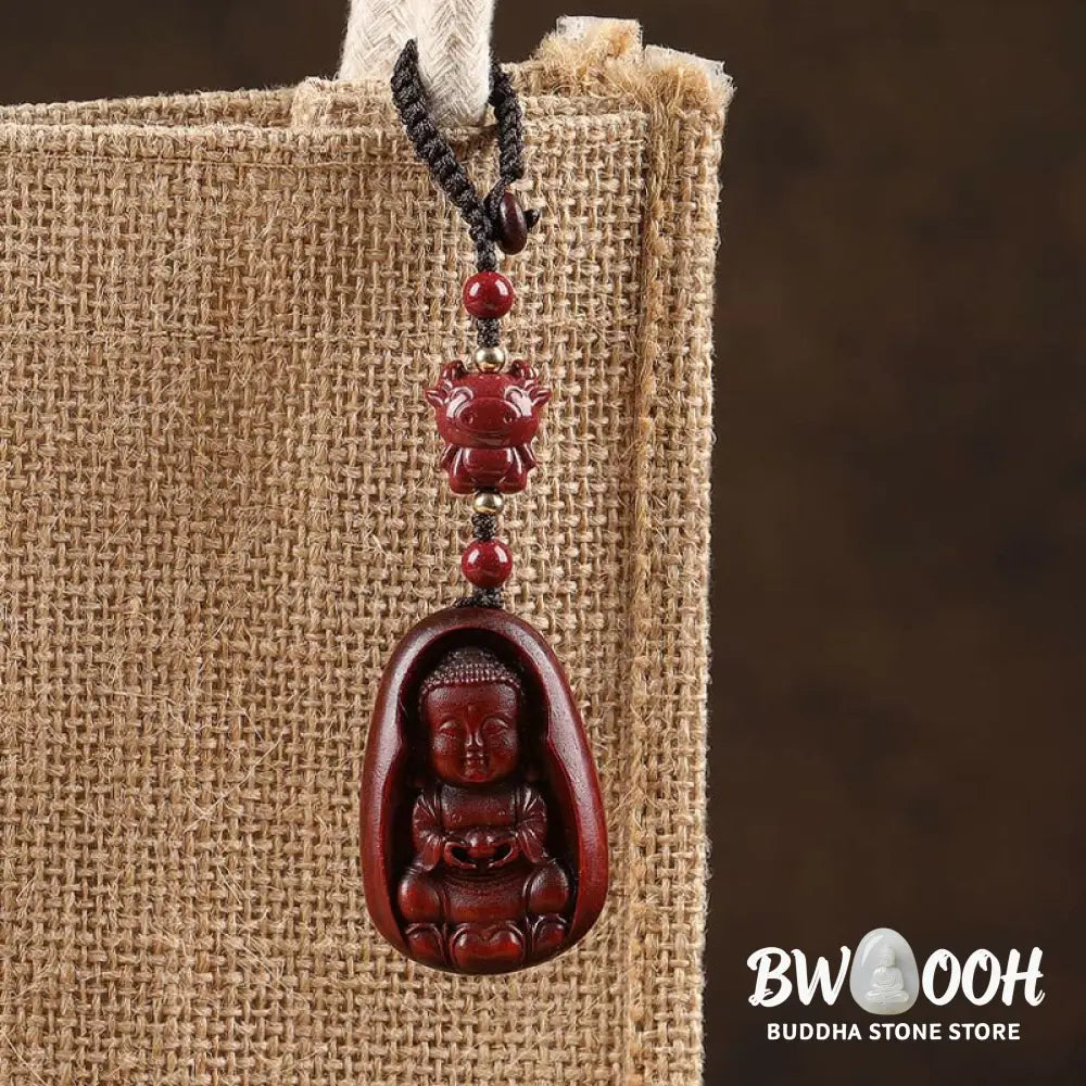 Buddha Stones Small Leaf Red Sandalwood Buddha Cinnabar Chinese Zodiac Amulet Protection Key Chain - Key Chain