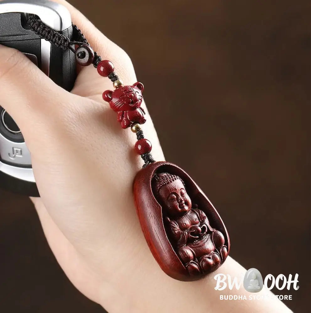 Buddha Stones Small Leaf Red Sandalwood Buddha Cinnabar Chinese Zodiac Amulet Protection Key Chain - Key Chain