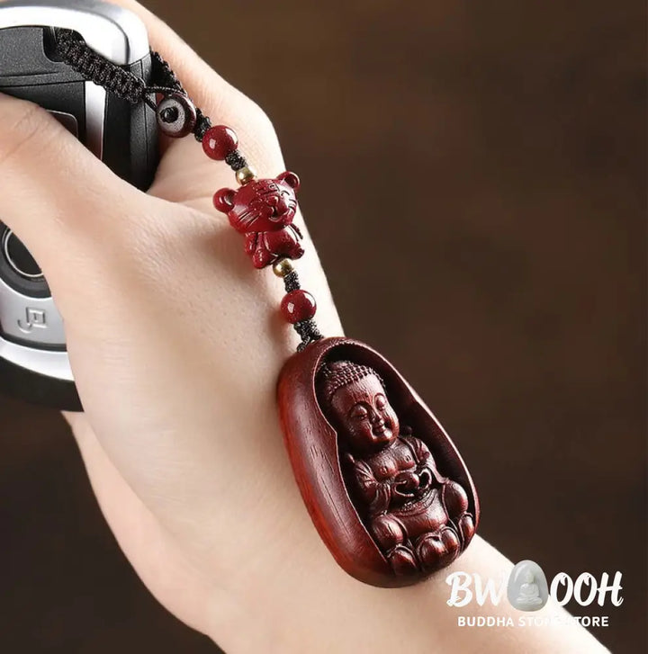 Buddha Stones Small Leaf Red Sandalwood Buddha Cinnabar Chinese Zodiac Amulet Protection Key Chain - Key Chain