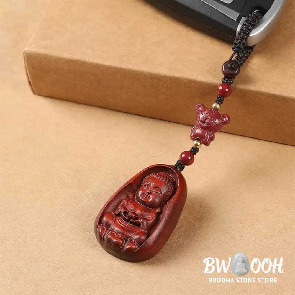 Buddha Stones Small Leaf Red Sandalwood Buddha Cinnabar Chinese Zodiac Amulet Protection Key Chain - Key Chain