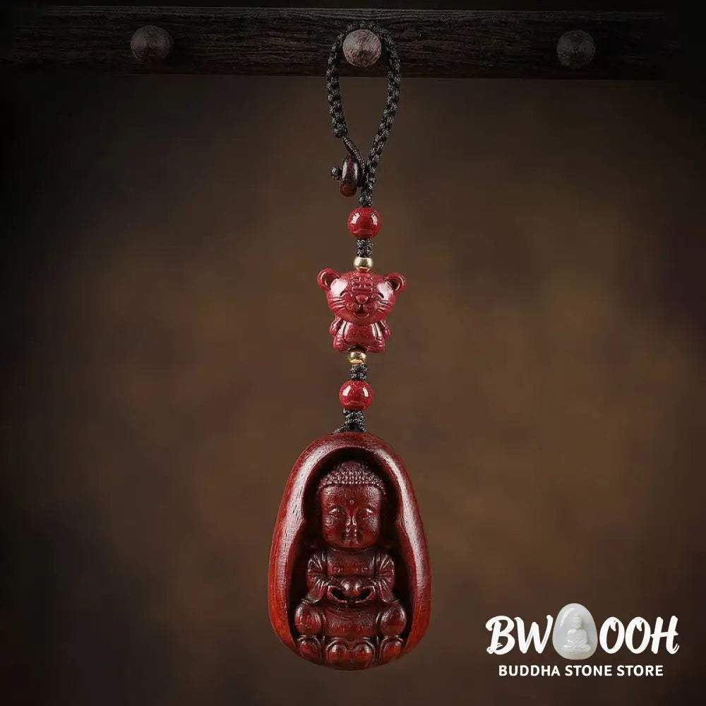 Buddha Stones Small Leaf Red Sandalwood Buddha Cinnabar Chinese Zodiac Amulet Protection Key Chain - Key Chain