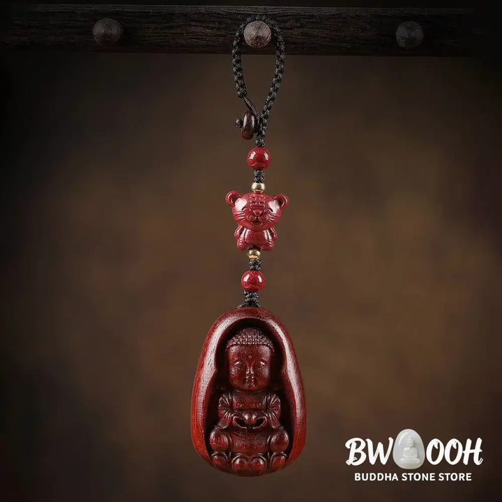 Buddha Stones Small Leaf Red Sandalwood Buddha Cinnabar Chinese Zodiac Amulet Protection Key Chain - Key Chain
