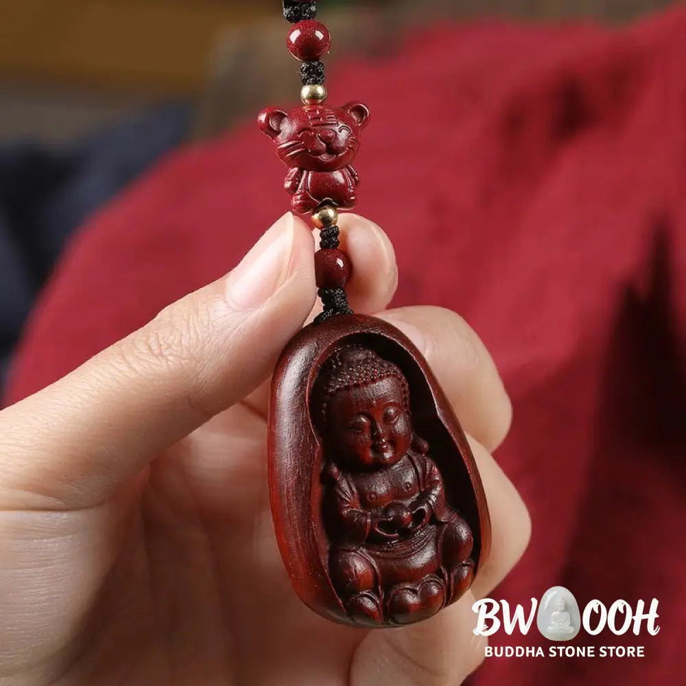 Buddha Stones Small Leaf Red Sandalwood Buddha Cinnabar Chinese Zodiac Amulet Protection Key Chain - Key Chain