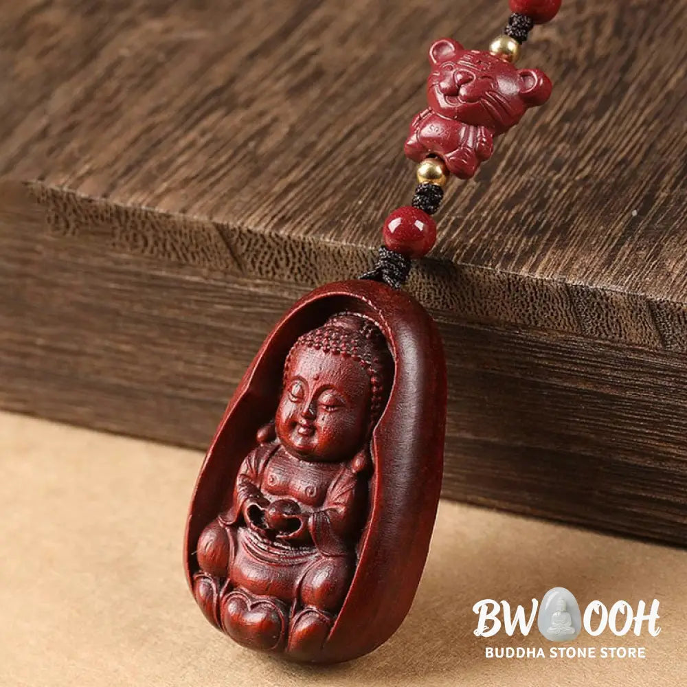 Buddha Stones Small Leaf Red Sandalwood Buddha Cinnabar Chinese Zodiac Amulet Protection Key Chain - Key Chain