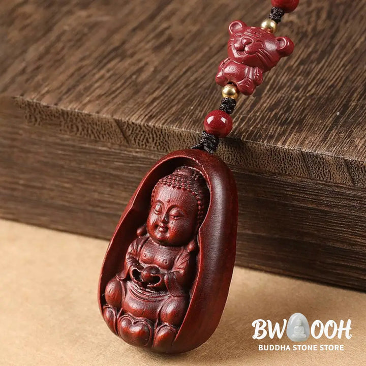Buddha Stones Small Leaf Red Sandalwood Buddha Cinnabar Chinese Zodiac Amulet Protection Key Chain - Key Chain