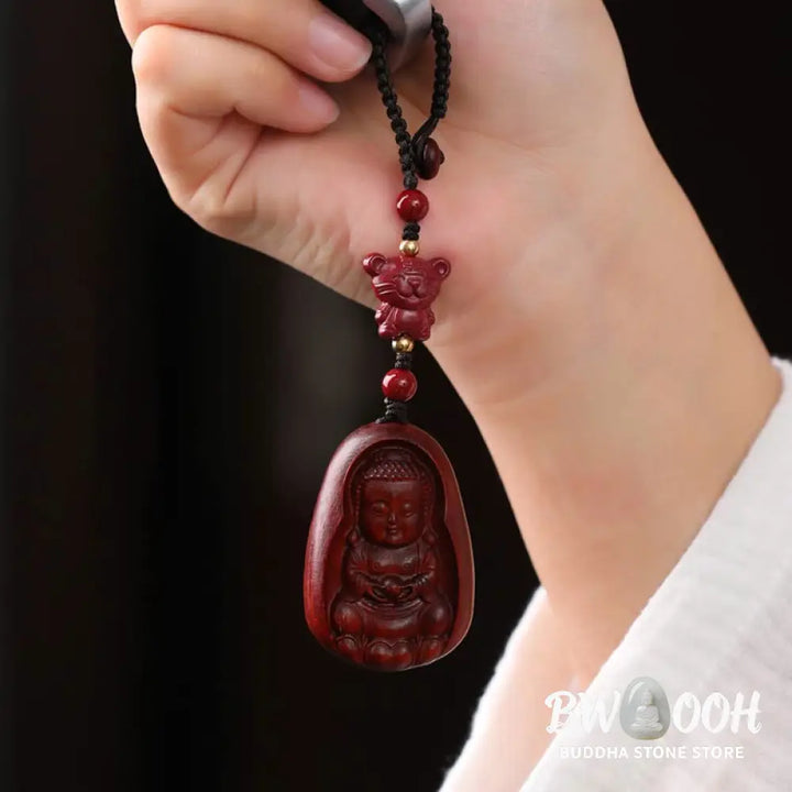 Buddha Stones Small Leaf Red Sandalwood Buddha Cinnabar Chinese Zodiac Amulet Protection Key Chain - Key Chain