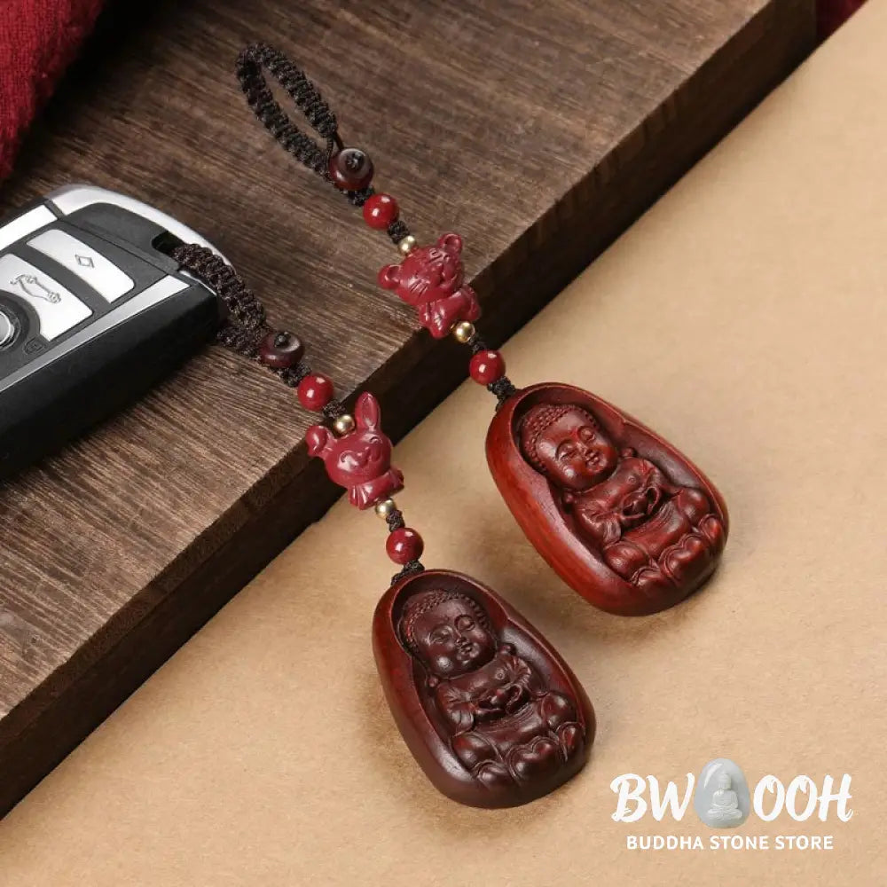 Buddha Stones Small Leaf Red Sandalwood Buddha Cinnabar Chinese Zodiac Amulet Protection Key Chain - Key Chain