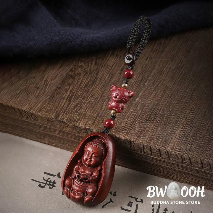 Buddha Stones Small Leaf Red Sandalwood Buddha Cinnabar Chinese Zodiac Amulet Protection Key Chain - Key Chain