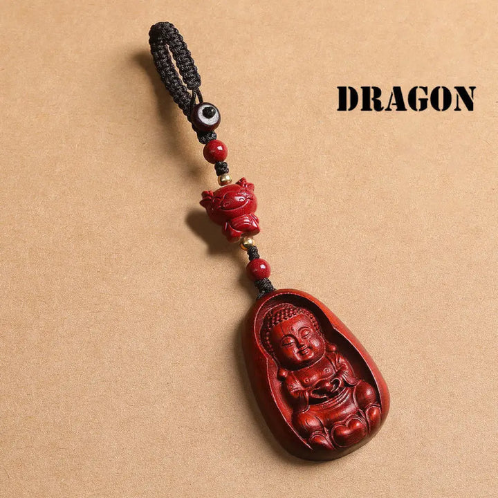 Buddha Stones Small Leaf Red Sandalwood Buddha Cinnabar Chinese Zodiac Amulet Protection Key Chain - Dragon - Key Chain
