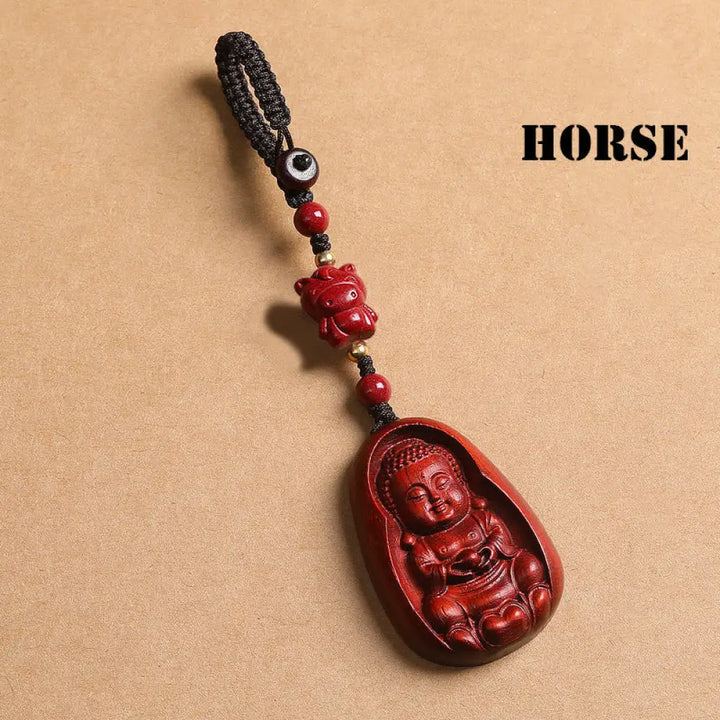 Buddha Stones Small Leaf Red Sandalwood Buddha Cinnabar Chinese Zodiac Amulet Protection Key Chain - Horse - Key Chain