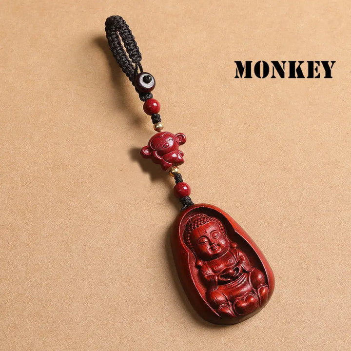 Buddha Stones Small Leaf Red Sandalwood Buddha Cinnabar Chinese Zodiac Amulet Protection Key Chain - Monkey - Key Chain
